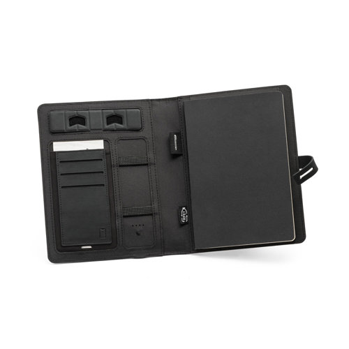 Cartella portadocumenti in RPET con caricatore wireless e Block notes in formato A5 con tasche interne e fornito in scatola regalo