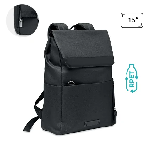 Zaino porta pc da 15" in RPET 600D con chiusura a bottone magnetico e tasche laterali
