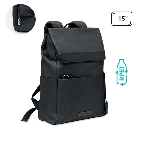 Zaino porta pc da 15" in RPET 600D con chiusura a bottone magnetico e tasche laterali