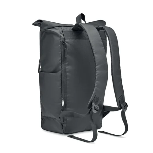 Zaino porta pc da 15" rolltop in RPET con ampia tasca frontale e chiusura con cerniera a zip e tasche laterali per le borracce