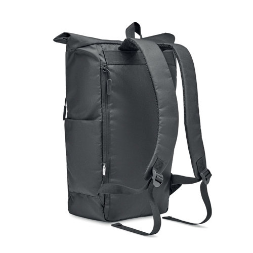 Zaino porta pc da 15" rolltop in RPET con ampia tasca frontale e chiusura con cerniera a zip e tasche laterali per le borracce