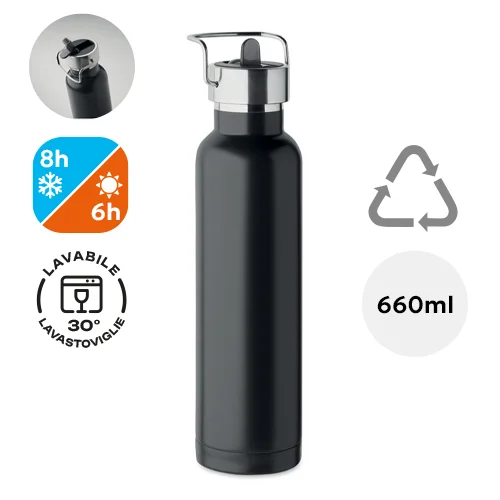 Borraccia doppio strato in acciaio inox riciclato con cannuccia e manico 660ml