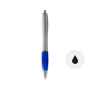 Penna a sfera in plastica con fusto argento e impugnatura gommata colorata con meccanismo a scatto e refill nero