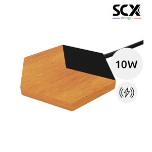 Caricabatterie wireless a marchio SCX in forma esagonale in gomma e bambù con personalizzazione luminosa da da 10W