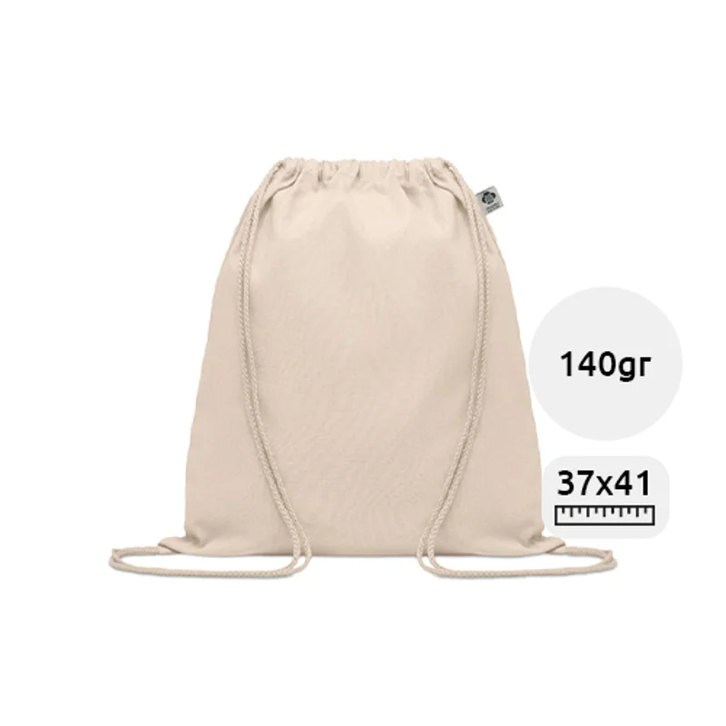 Sacca in cotone organico biologico con chiusura a coulisse in colore naturale da 140gr 37X41cm