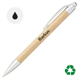 Penna a sfera in carta riciclata e finiture in ABS con meccanismo a scatto e refill nero