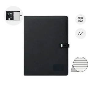Cartella in lino con blocco appunti in formato A4 e chiusura con ricarica wireless e power bank da 4000mAh