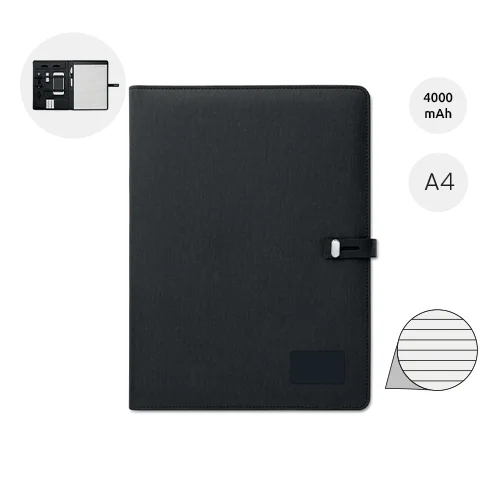 Cartella in lino con blocco appunti in formato A4 e chiusura con ricarica wireless e power bank da 4000mAh