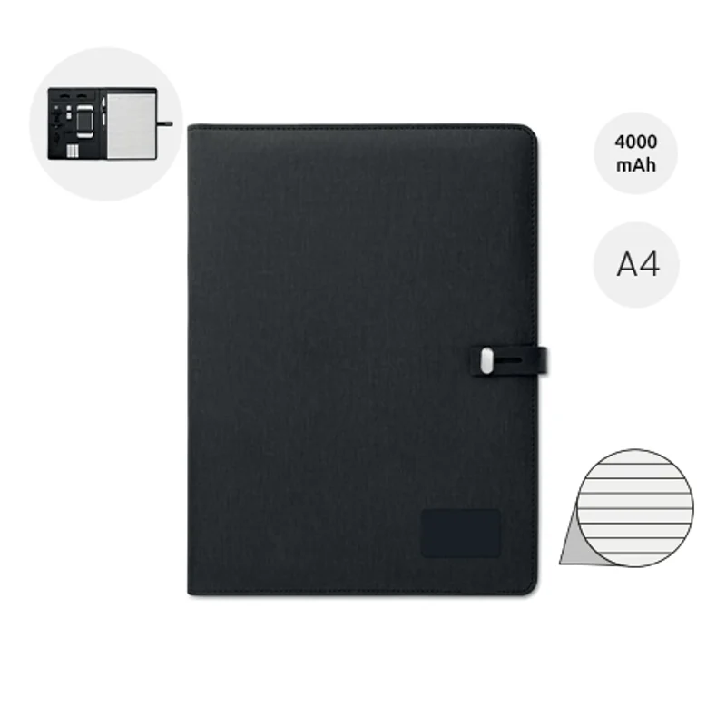 Cartella in lino con blocco appunti in formato A4 e chiusura con ricarica wireless e power bank da 4000mAh