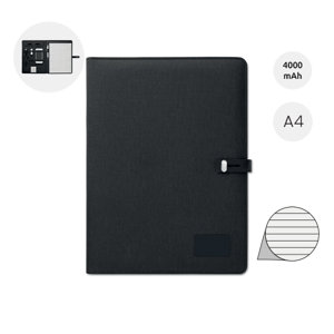 Cartella in lino con blocco appunti in formato A4 e chiusura con ricarica wireless e power bank da 4000mAh