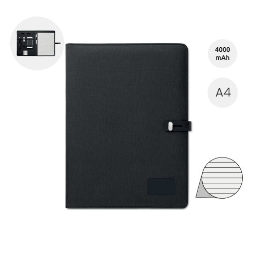 Cartella in lino con blocco appunti in formato A4 e chiusura con ricarica wireless e power bank da 4000mAh