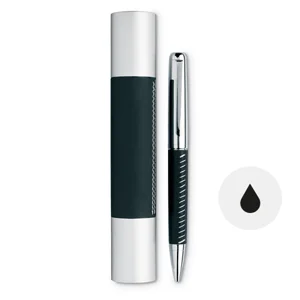 Penna a sfera in metallo con astuccio cilindrico in alluminio e finiture in pelle con meccanismo a rotazione e refill nero