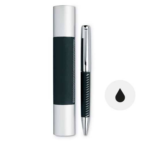 Penna a sfera in metallo con astuccio cilindrico in alluminio e finiture in pelle con meccanismo a rotazione e refill nero
