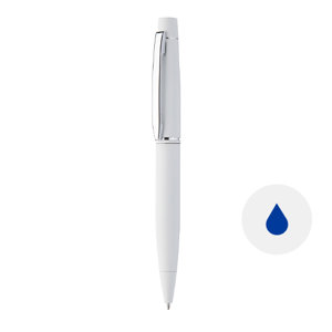Penna a sfera in metallo e finitura gommata colorata con meccanismo a rotazione e refill blu