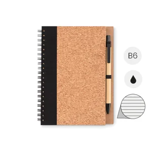Block notes B6 in sughero con fogli a righe e penna a sfera ecologica in refill nero