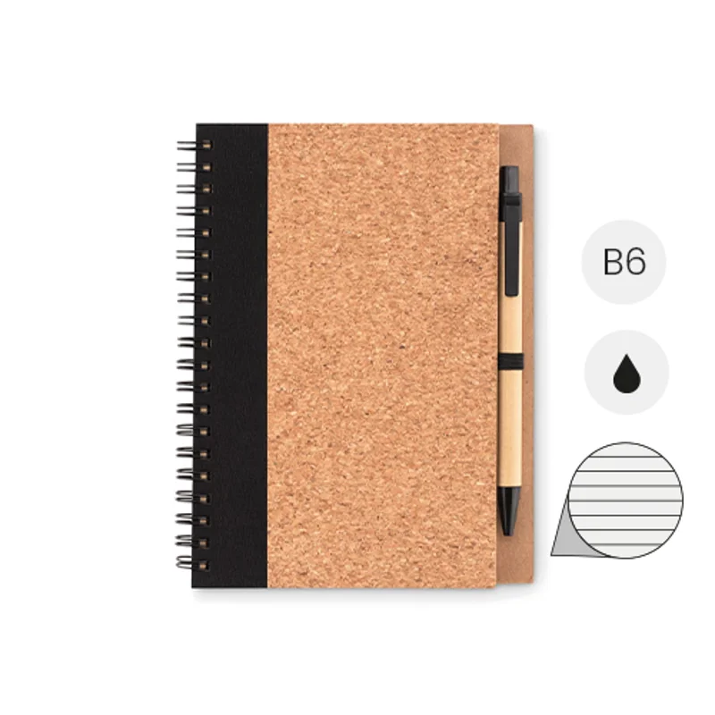 Block notes B6 in sughero con fogli a righe e penna a sfera ecologica in refill nero