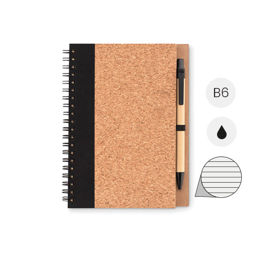 Block notes B6 in sughero con fogli a righe e penna a sfera ecologica in refill nero
