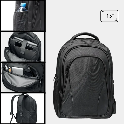 Zaino porta pc da 15" in poliestere 1680D con schienale imbottito e tasca laterale in rete