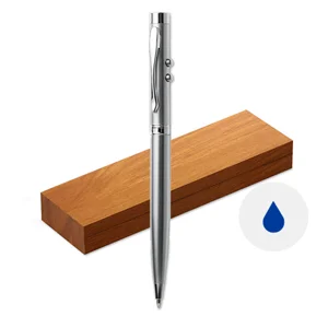 Penna a sfera in metallo multifunzione con luce e puntatore laser e meccanismo a rotazione in scatola di legno e refill blu