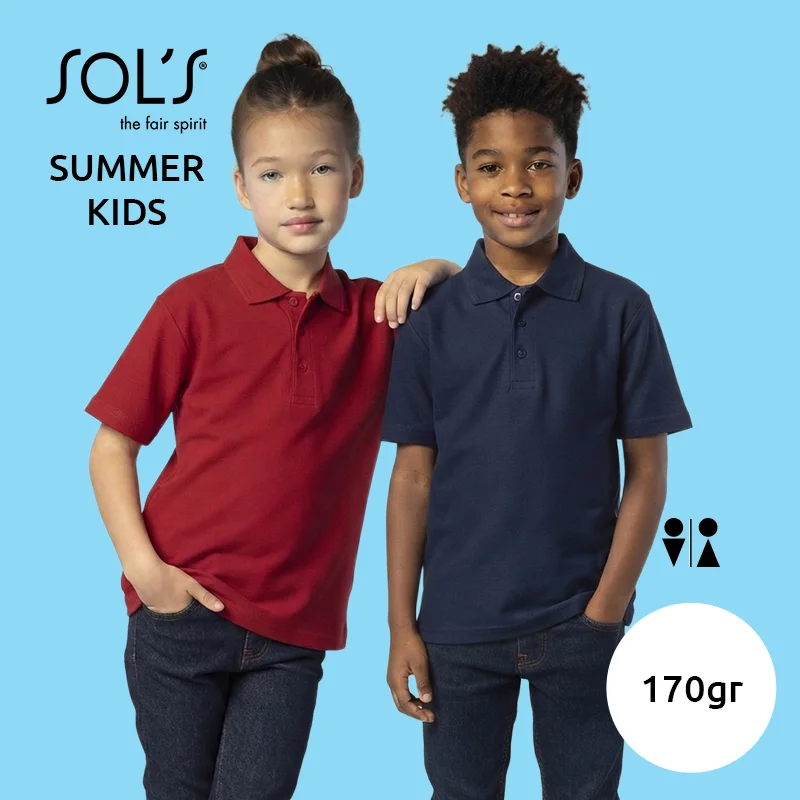 Maglietta polo SOL'S SUMMER da bambino unisex in tessuto 100% cotone pettinato ringspun piqué da 170gr