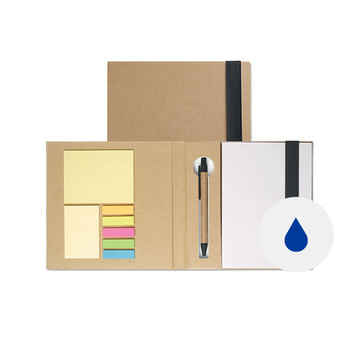 Set composto da blocco bianco stick colorati e penna in carta riciclata con refill blu