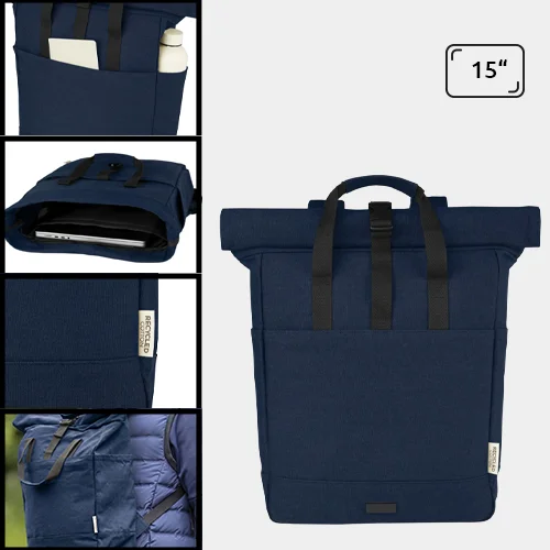 Zaino porta pc multitasca roll-top da 15" in cotone riciclato certificato con manici in tessuto rinforzato