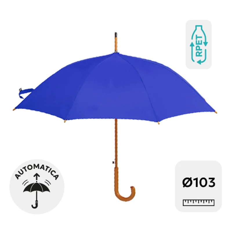 Ombrello RPET automatico 23” con manico in legno a uncino