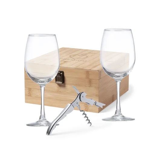 Set Vino in elegante astuccio di bambù include 2 calici in cristallo e cavatappi in acciaio inox