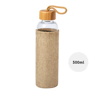 Borraccia in vetro 500 ml con copertura in poliestere di colore naturale coperchio in bambù