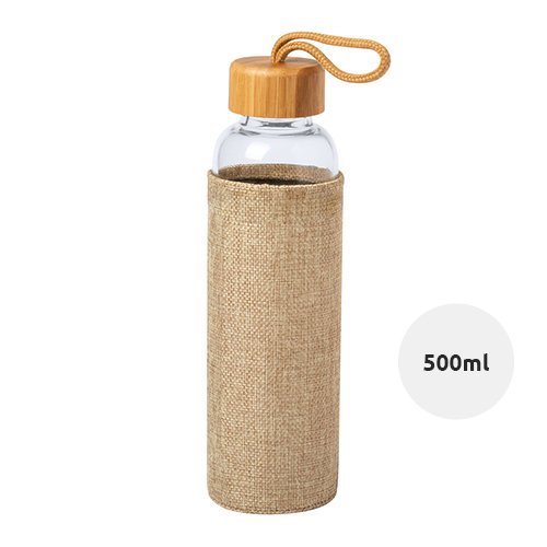 Borraccia in vetro 500 ml con copertura in poliestere di colore naturale coperchio in bambù
