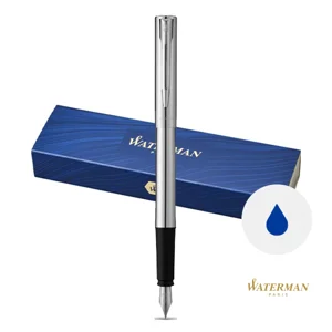 Penna stilografica a marchio Waterman in alluminio di color argento con cappuccio in confezione regalo e refill blu