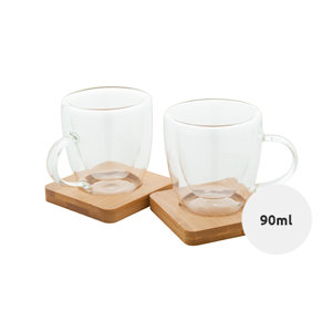 Set di 2 tazzine da caffè in vetro con piattini in bambù 90ml