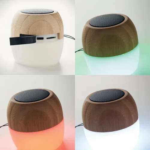 Cassa Wireless 5.0 in bambù e plastica con luce d'atmosfera e tracolla