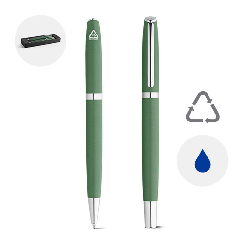 Set penna roller e penna a sfera con corpo in alluminio 100% riciclato refill blu