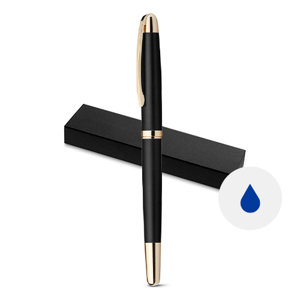 Penna roller in metallo con clip e cappuccio con dettagli in oro e con confezione regalo e refill blu