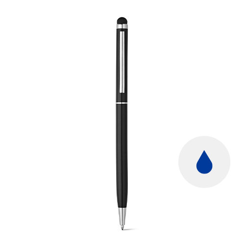 Penna a sfera in alluminio disponibile in vari colori e con punta touch e meccanismo a rotazione e refill blu
