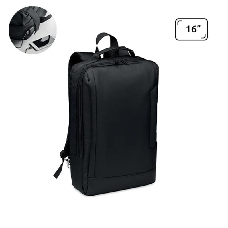 Zaino porta pc da 16" in poliestere riciclato 300D con spallacci imbottiti e cavo di ricarica USB