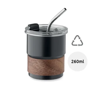 Bicchiere in acciaio inox riciclato con cannuccia coperchio e impugnatura in acacia 260ml
