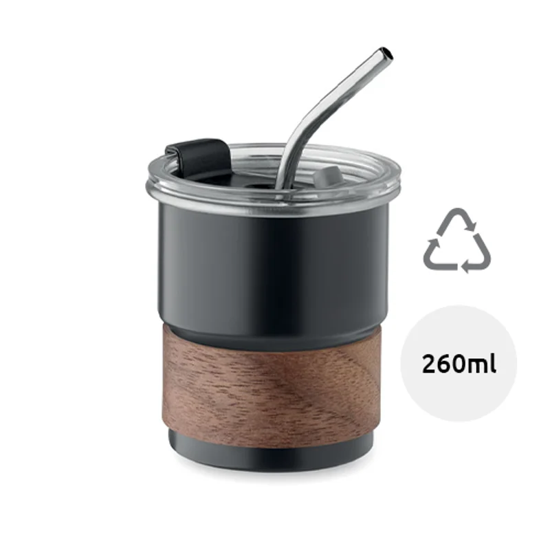 Bicchiere in acciaio inox riciclato con cannuccia coperchio e impugnatura in acacia 260ml