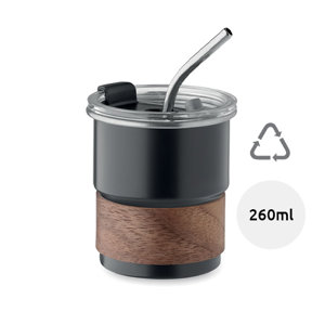 Bicchiere in acciaio inox riciclato con cannuccia coperchio e impugnatura in acacia 260ml