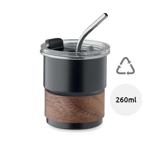 Bicchiere in acciaio inox riciclato con cannuccia coperchio e impugnatura in acacia 260ml