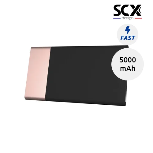 Power bank in gomma e alluminio a marchio SCX con personalizzazione luminosa con ricarica rapida da 5000mAh
