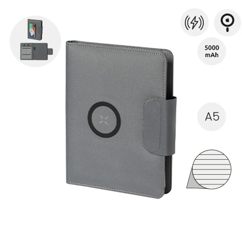 Cartella portadocumenti in RPET con block note A5 da 65 fogli a righe e caricabatterie rapido magnetico wireless 10W