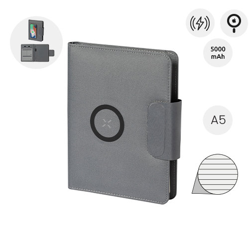 Cartella portadocumenti in RPET con block note A5 da 65 fogli a righe e caricabatterie rapido magnetico wireless 10W
