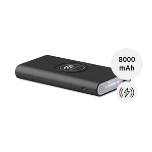 Power bank in ABS con finitura gommata e ricarica wireless e conettore USB-C da 8000mAh