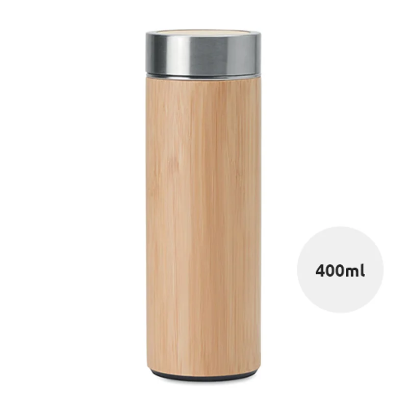 Borraccia da 400ml a doppio strato inox rivestito in bambù con infusore
