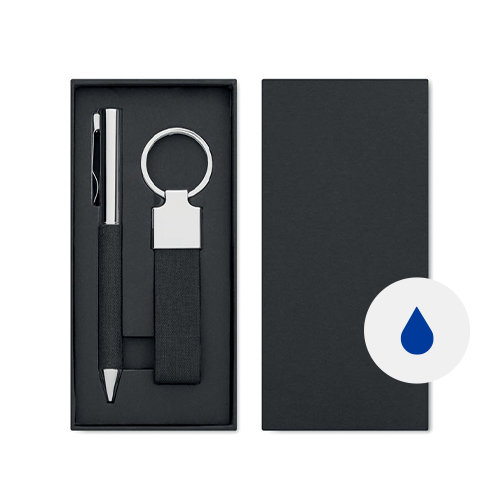 Set regalo composto da penna a sfera refill blu in metallo e poliestere RPET e portachiavi in RPET 