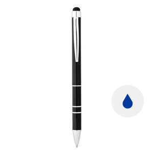 Penna a sfera in metallo disponibile in bianca e nera con punta touch e con meccanismo a rotazione a refill blu
