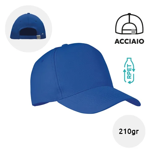 Cappellino con visiera in poliestere RPET a 5 pannelli con fibbia in acciaio argentato