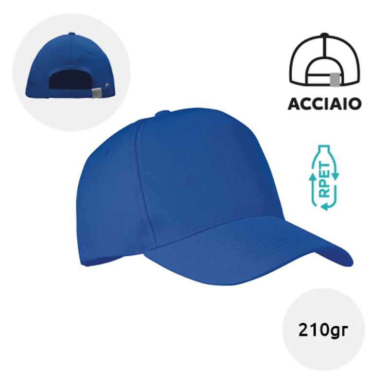 Cappellino con visiera in poliestere RPET a 5 pannelli con fibbia in acciaio argentato
